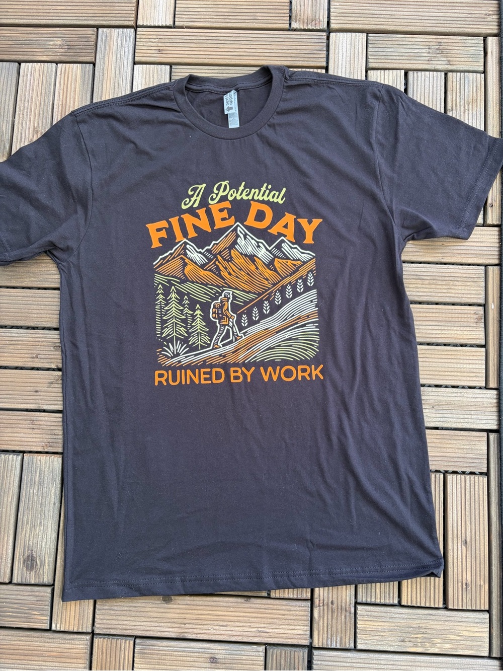 Next Level Apparel Black Graphic Tee with Orange & Green Mountain Design